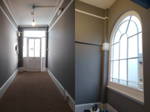 Hallway and arched window bay redecorated in soft grey, before and after