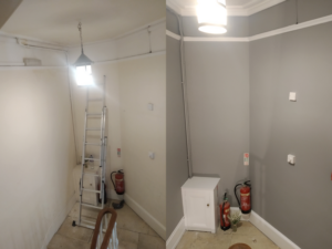 Utility room repainted in warm grey, before and after
