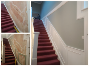 Staircase walls prepped, filled and finished in soft sage with white panelling