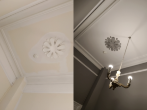 Decorative ceiling rose and cornice repainted, before and after